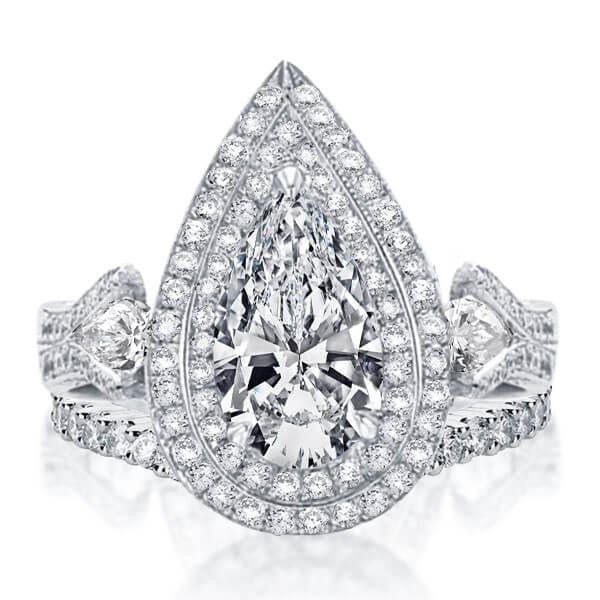 

Art Deco Double Halo Three Stone Halo Bridal Set, White