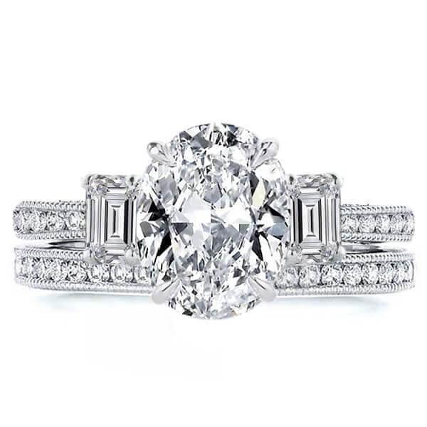 Italo Three Stone Milgrain Created White Sapphire Bridal Set
