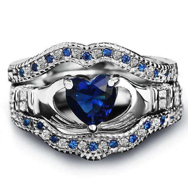 

Italo Claddagh Created Sapphire 3PC Wedding Set, White