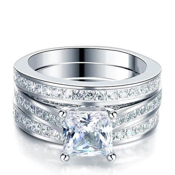 

Italo Princess Cut Engagement Ring Silver 3PC Wedding Set, White