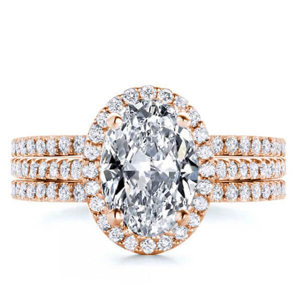 

Classic Rose Gold Halo Oval 3PC Wedding Set, White