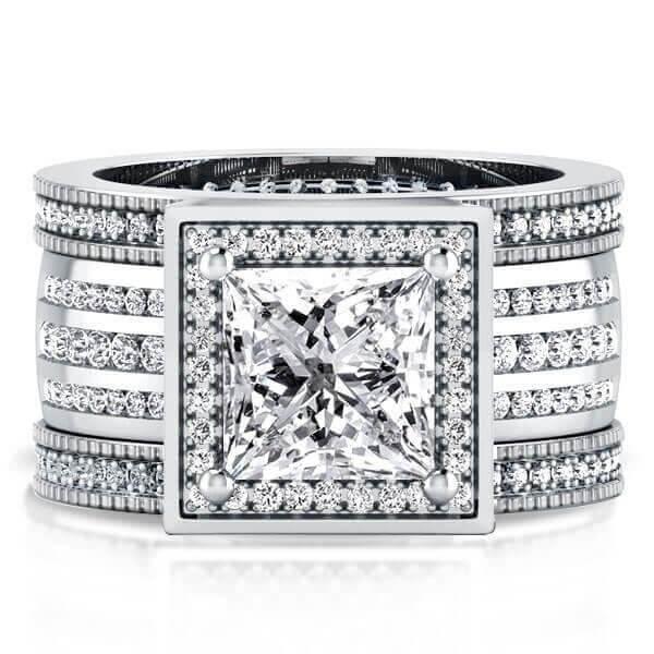 

Italo Princess Cut Vintage Art Deco Halo 3PC Wedding Set, White