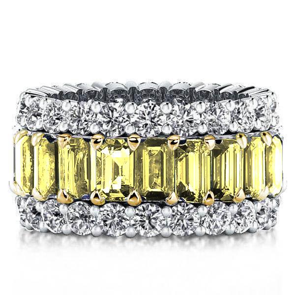 

Triple Row Yellow Round & Emerald Cut 2 Tone Wedding Band, White