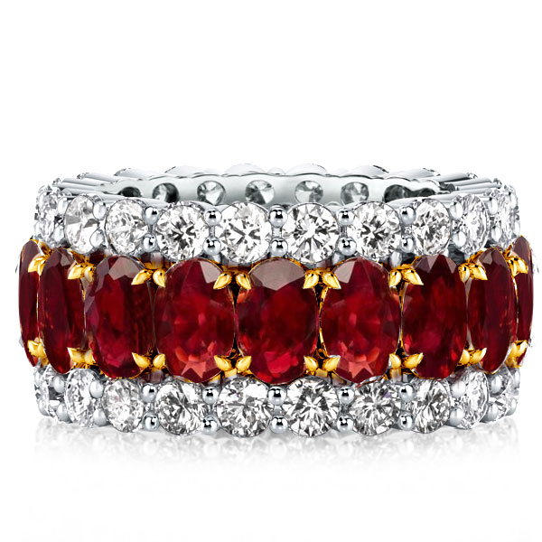 

Triple Row Two Tone Oval & Round Garnet Wedding Band, White