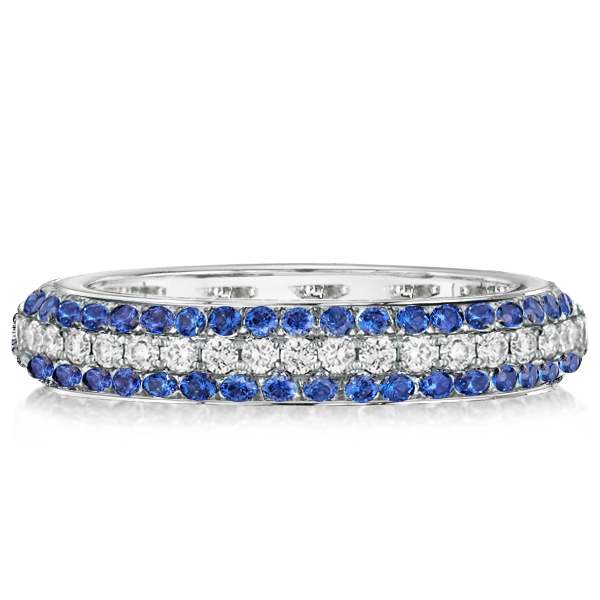 

Triple Row Round Cut Blue Sapphire Eternity Wedding Band, White