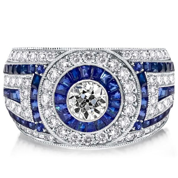 

Antique Blue Sapphire Milgrain Vintage Engagement Ring Halo Engagement Ring, White