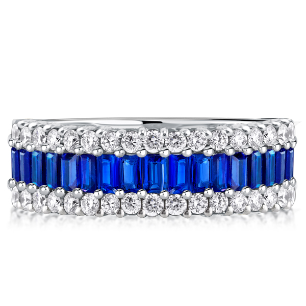 

Italo Triple Row Baguette Cut Blue Sapphire Wedding Band, White