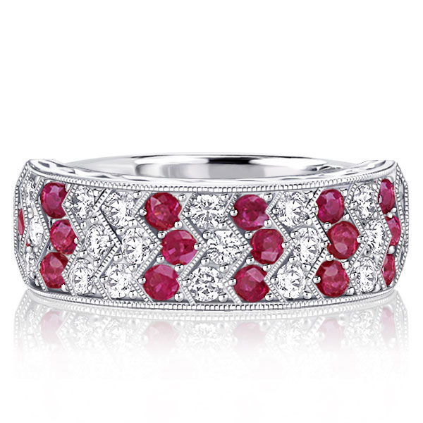 

Art Deco Milgrain Ruby Half Eternity Wedding Band For Women, White