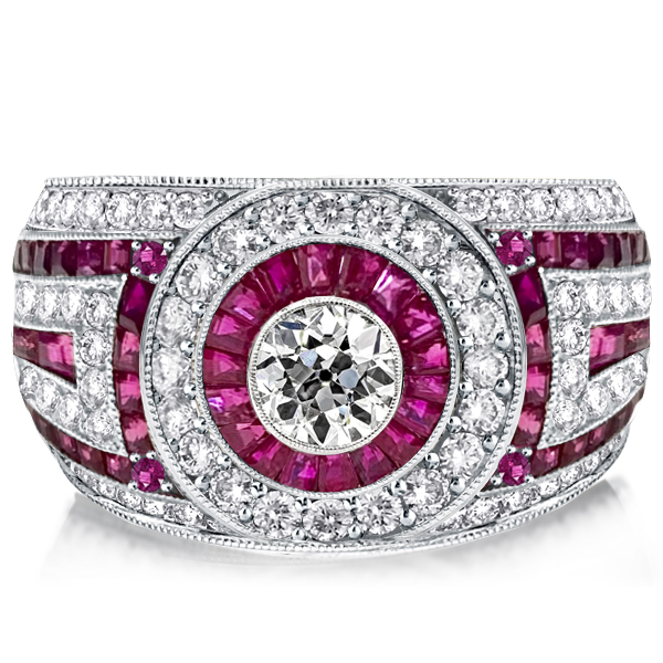 

Antique Ruby Milgrain Vintage Engagement Ring Halo Engagement Ring, White