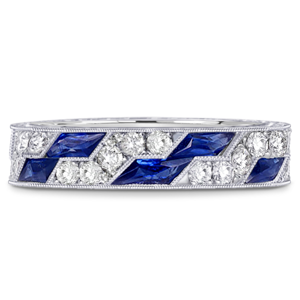 

Art Deco Milgrain Created Blue Sapphire Eternity Wedding Band For Women, White