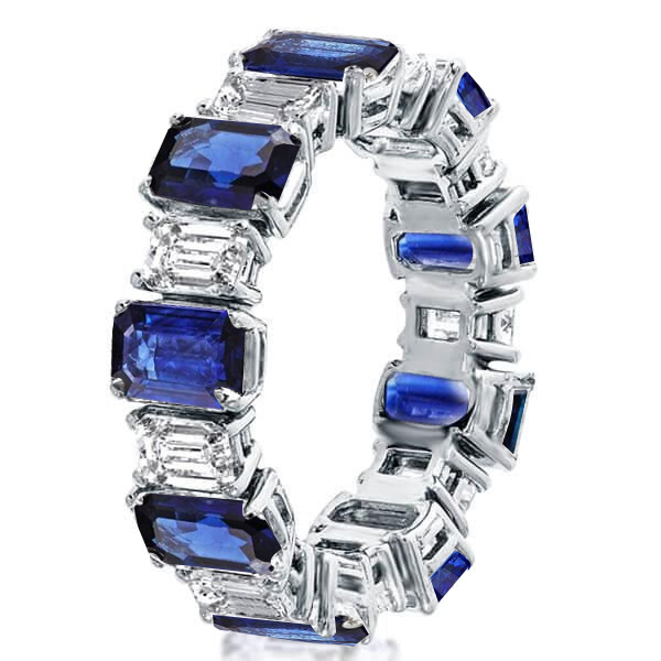 

Alternating White & Blue Sapphire Emerald Cut Eternity Wedding Band