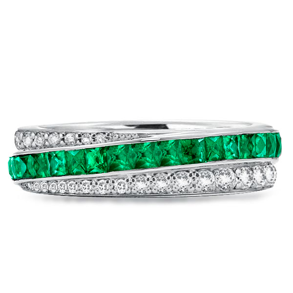 

Stripe Round & Princess Emerald Green Eternity Wedding Band, White