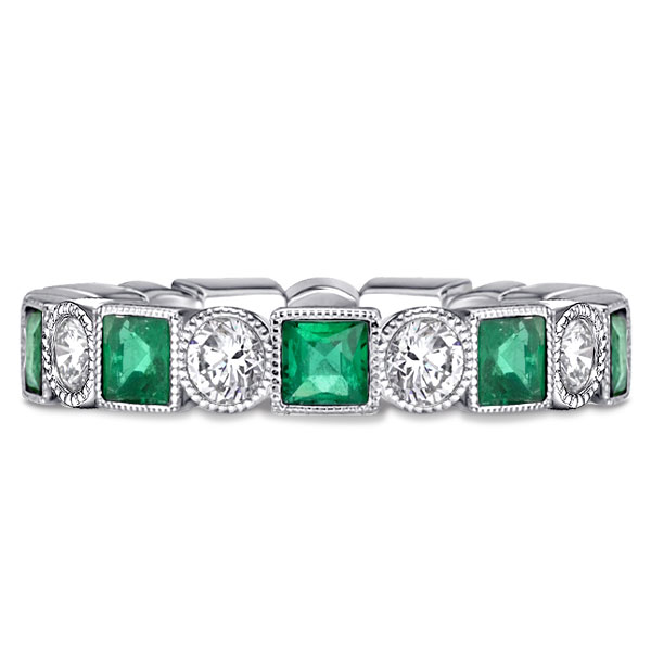 

Vintage Milgrain Eternity Emerald Green Wedding Band For Women, White