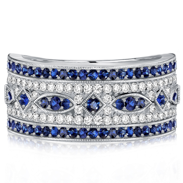 

Milgrain Blue Sapphire Half Eternity Wedding Band In Silver, White