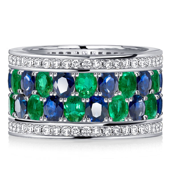 

Italo Oval Cut Blue & Emerald Band Multi Row Wedding Band, White