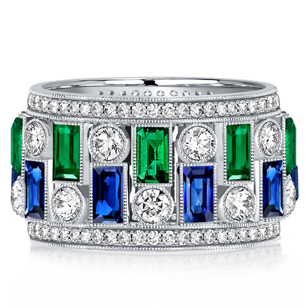 

Milgrain Emerald Sapphire Wedding Band Vintage Eternity Band, White