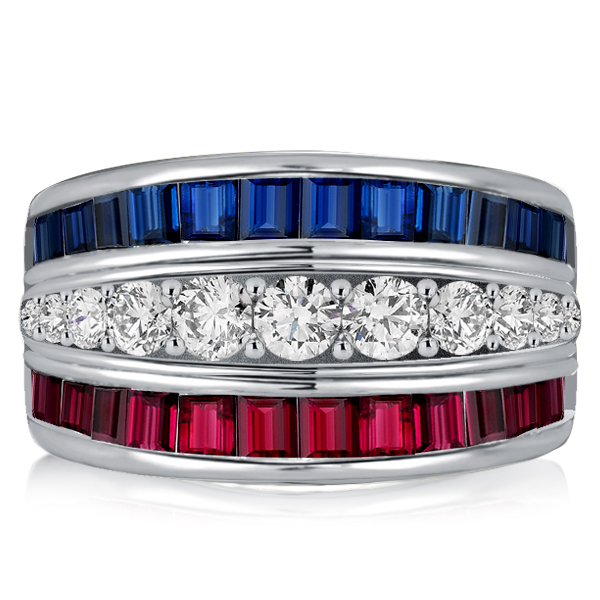 

Italo Triple Row Blue Sapphire Wedding Band Ruby Ring, White