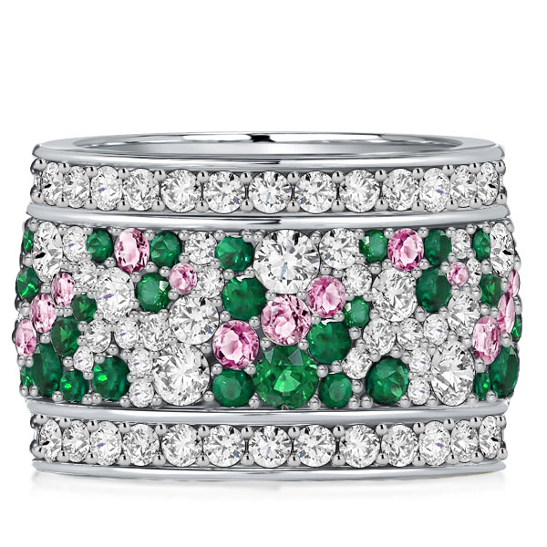 

Italo Multi Row Green Emerald Wedding Band Pink Ring, White