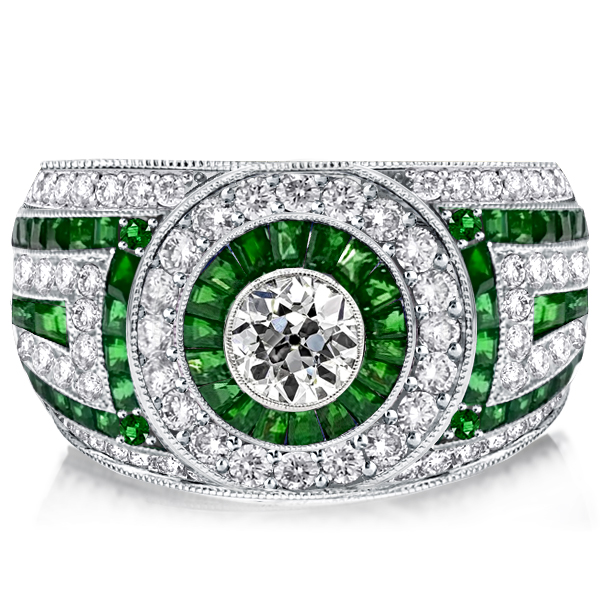 

Emerald Sapphire Milgrain Vintage Ring Halo Engagement Ring, White