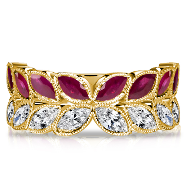 

Italo Marquise Cut Ruby Ring Vintage Leaf Wedding Band, White