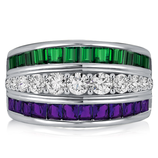

Italo Triple Row Amethyst Ring Emerald Green Wedding Band, White