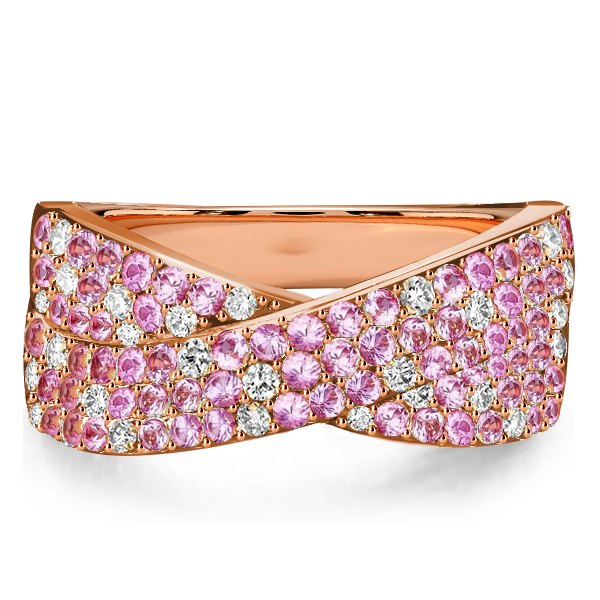 

Italo Paved Pink Stone Micro Pave Crossover Ring Criss-Cross Wedding Band, White