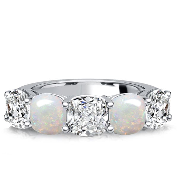 

Italo Five Stone Cushion Cut White Sapphire Opal Wedding Band For Women