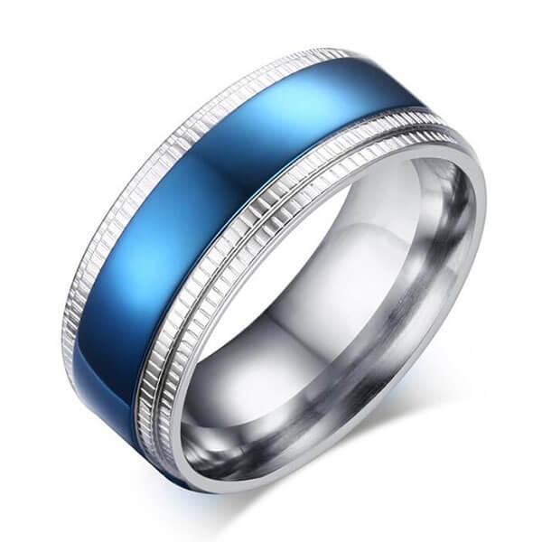 

Italo Milgrain Blue Titanium Steel Men's Wedding Band, White