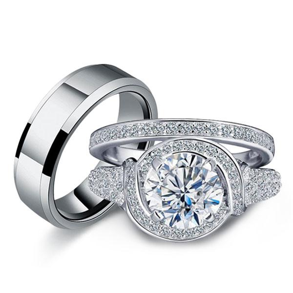 

Halo Knot Design Trio Matching Wedding Set, White