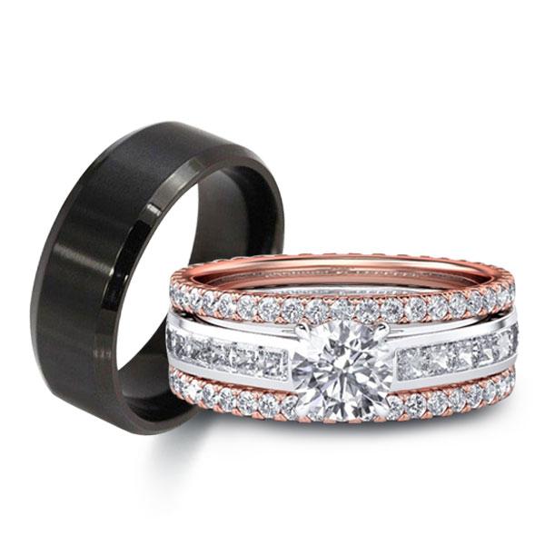 

Two Tone Queen Bookend Bands Trio Matching Wedding Set, White