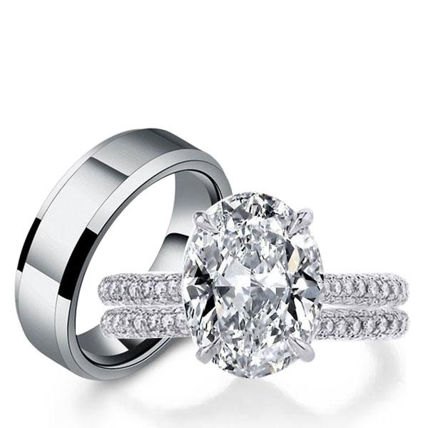 

Italo Oval Cut Wedding Ring Sets His And Hers Couple Rings, White