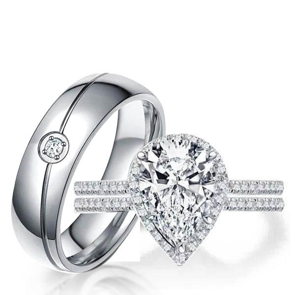 

Italo Halo Pear Cut Wedding Ring Sets His And Hers, White