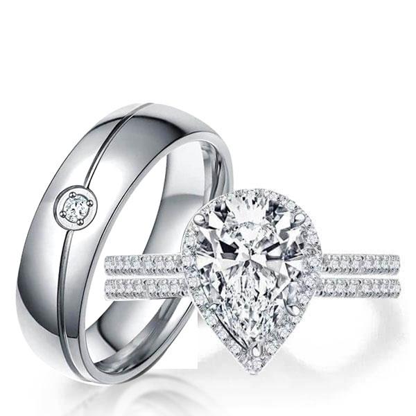 

Italo Halo Pear Cut Wedding Ring Sets His And Hers, White