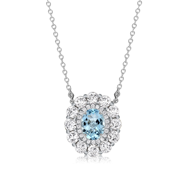 

Halo Oval Cut Aquamarine Pendant Necklace For Women, White