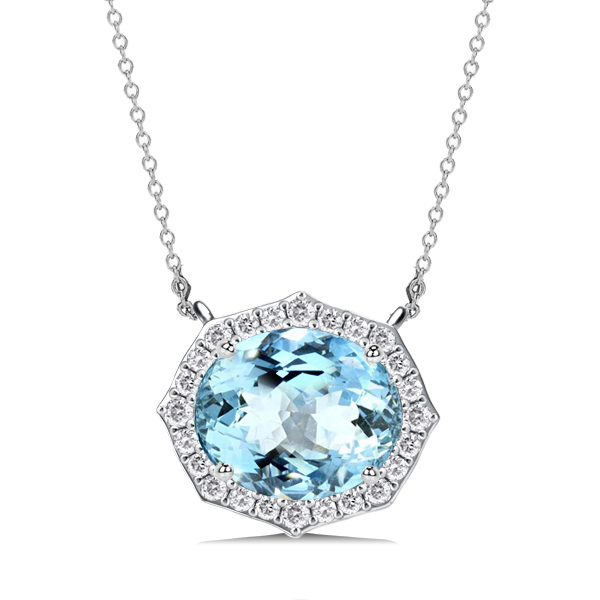 

Halo East-West Oval Cut Aquamarine Pendant Necklace For Women, White