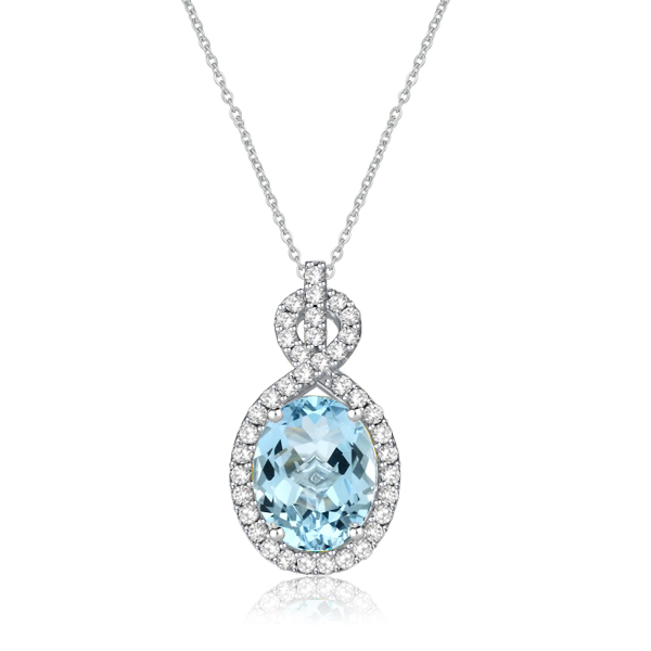 

Halo Oval Cut Aquamarine Pendant Necklace For Women, White