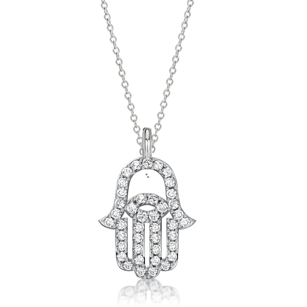 

Italo White Sapphire Evil Eye Necklace Hamsa Hand Necklace