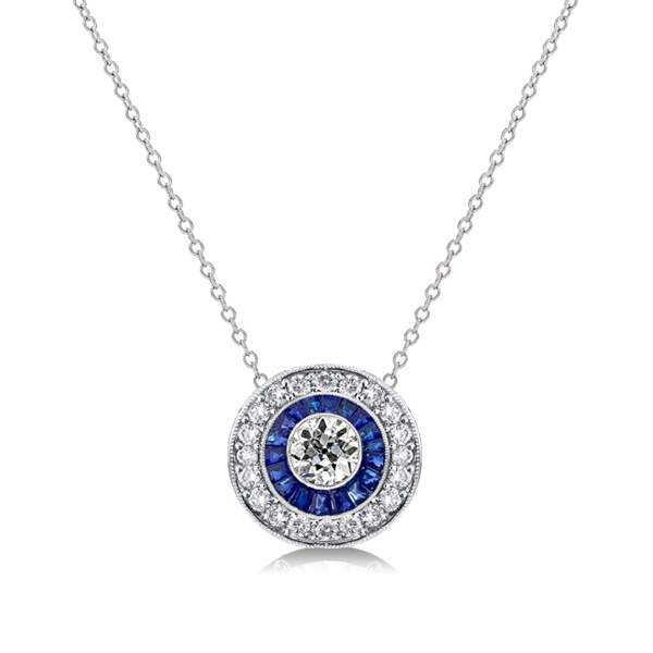 

Italo Blue Sapphire Vintage Necklace Halo Pendant Necklace, White