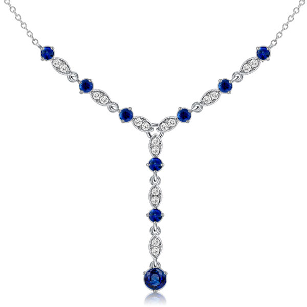 

Italo Milgrain Blue Sapphire Y Necklace In Sterling Silver, White
