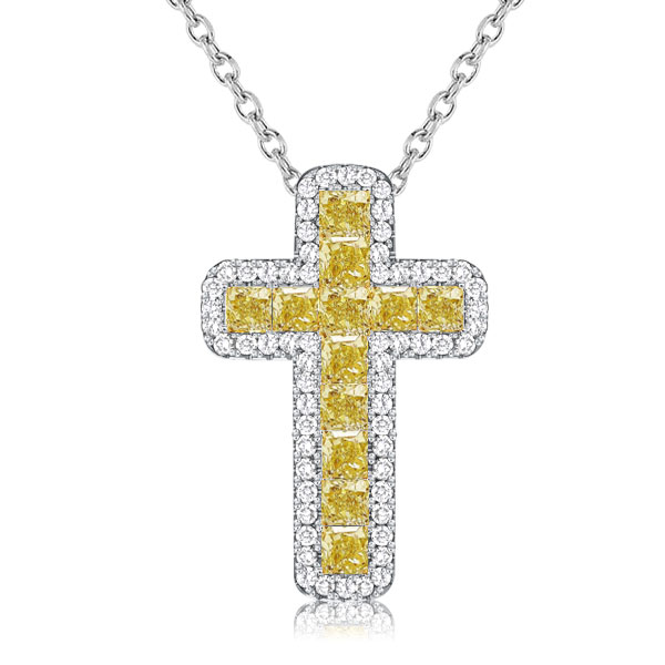 

Italo Yellow Topaz Cushion Cut Cross Necklace In Sterling Silver, White
