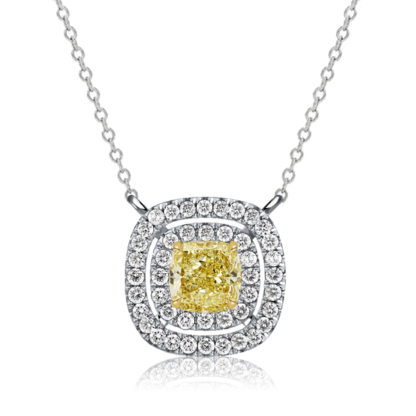 

Italo Double Halo Yellow Topaz Cushion Cut Pendant Necklace, White