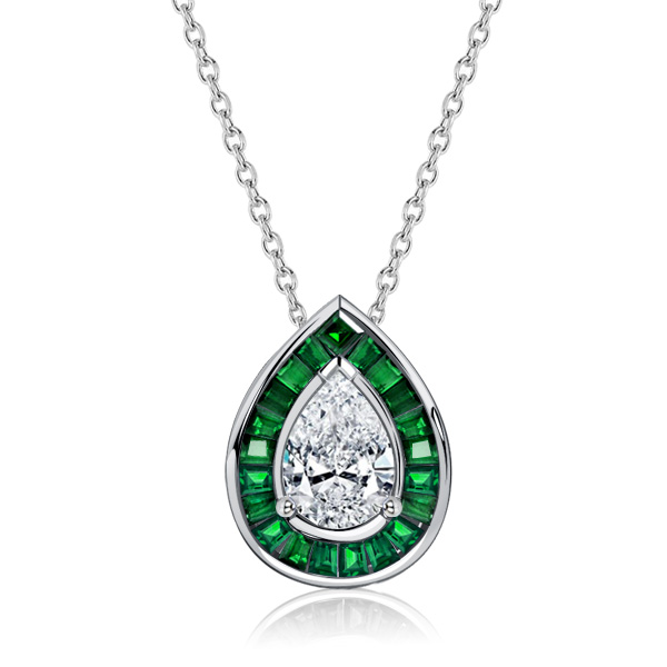 

Italo Pear Cut Emerald Sapphire Necklace Halo Pendant Necklace, White