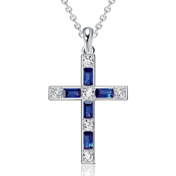 

Italo Baguette Cut Blue Sapphire Silver Cross Necklace For Women, White