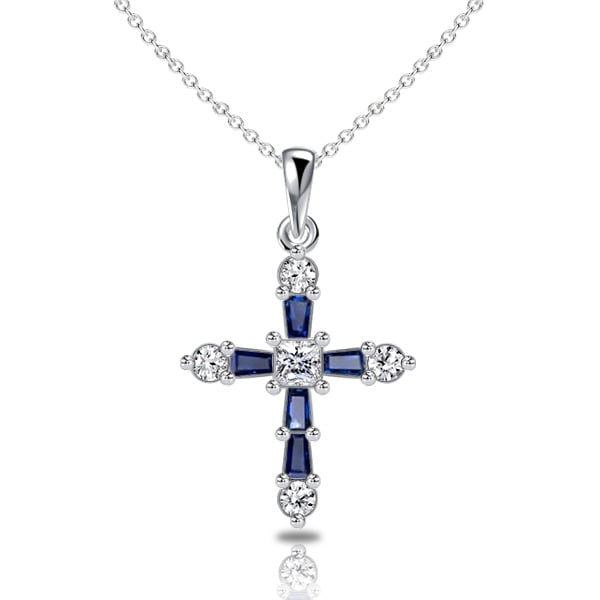 

Italo Tap Baguette Cut Blue Sapphire Cross Necklace For Women, White
