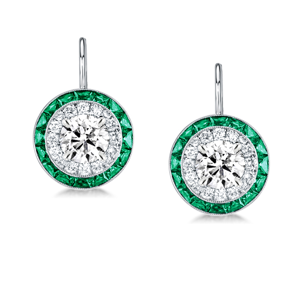 

Luxury Halo Created Emerald Sapphire Drop Earrings, White