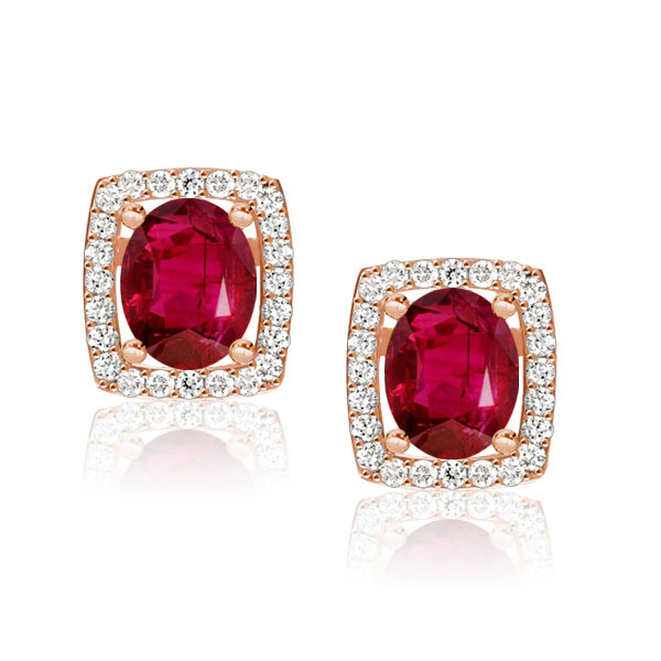 Rose Gold Halo Oval Red Sapphire Stud Earrings, White
