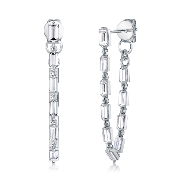 

Baguette Cut Sterling Silver Chain Earrings, White