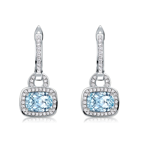 

Italo Halo Cushion Cut Aquamarine Drop Earrings For Women, White