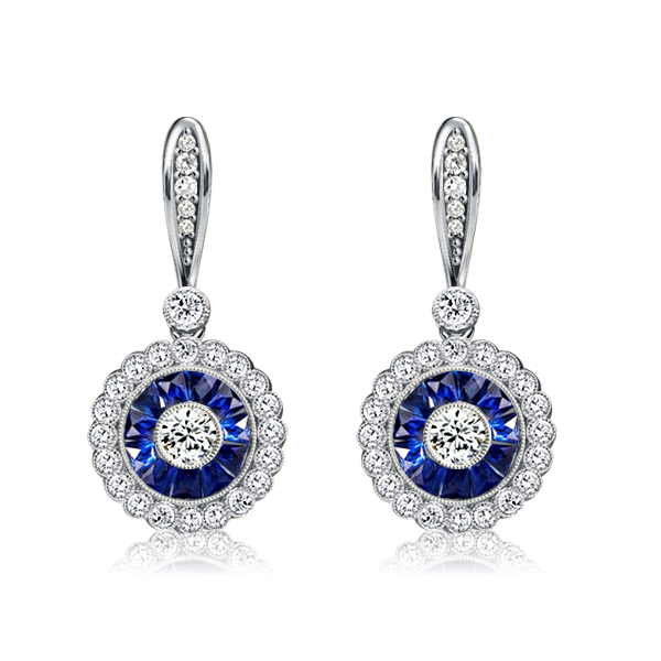 

Italo Halo Round Cut White & Blue Sapphire Drop Earrings
