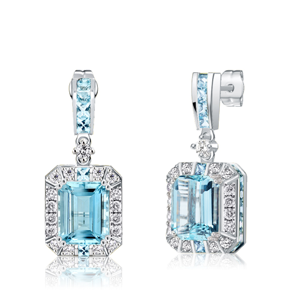 

Italo Halo Emerald Cut Aquamarine Drop Earrings For Women, White